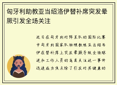 匈牙利助教亚当绍洛伊替补席突发晕厥引发全场关注 匈牙利助教亚当绍洛伊替补席突发晕厥引发全场关注