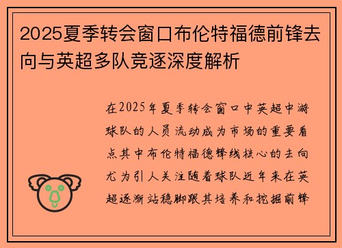2025夏季转会窗口布伦特福德前锋去向与英超多队竞逐深度解析 2025夏季转会窗口布伦特福德前锋去向与英超多队竞逐深度解析
